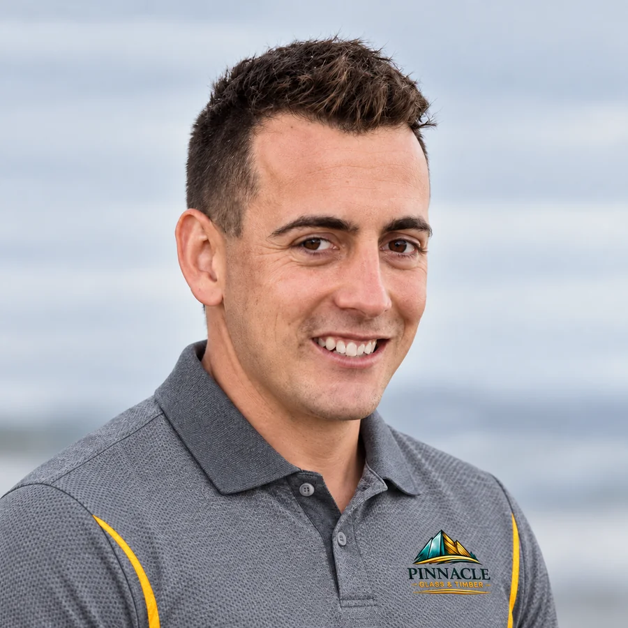 Nathan Bedford, owner of Pinnacle Glass & Timber, wearing his branded work polo.